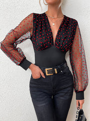 Pleated Polka-Dot See-Through Split-Joint Puff Sleeves Skinny V-neck Blouses&shirts Tops