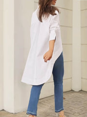 Buttoned Pockets Solid Color Split-Joint High-Low Long Sleeves Lapel Blouses&Shirts Tops