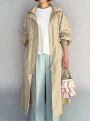 Loose Long Sleeves Drawstring Solid Color Zipper Hooded Trench Coats Outerwear