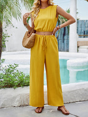 Round-Neck Loose Solid Color Split-Joint Vest Top + Drawstring Elasticity High Waisted Pants Bottom Two Pieces Set