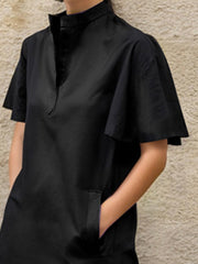 Solid Color Split-Joint Split-Side Flared Sleeves Loose Stand Collar Shirt Dress Maxi Dresses