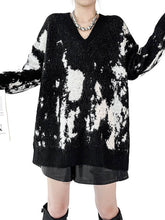 Abstract Printed Contrast Color Ribs Split-Joint Long Sleeves Loose V-Neck Sweater Tops