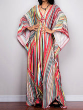 Printed Split-Joint Striped Batwing Sleeves Loose V-Neck Maxi Dresses