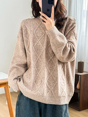 Simple Loose Long Sleeves Jacquard Solid Color Round-Neck Sweater Tops