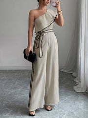 Elasticity Tied Waist High Waisted Wide Leg One-Shoulder Jumpsuits