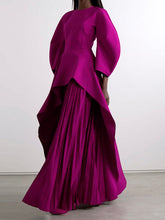 Long Sleeves Loose Pleated Solid Color Split-Joint Tiered Round-Neck Maxi Dresses
