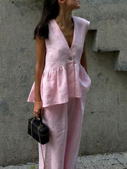 Loose Split-Joint Sleeveless Pleated V-neck Vest + Pants Trousers Two Pieces Set