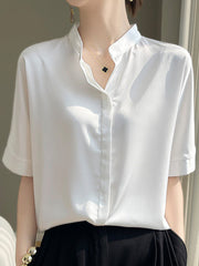 Buttoned Solid Color Loose Short Sleeves Stand Collar Blouses&Shirts Tops