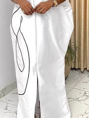 Half Sleeves Loose Elasticity Printed Split-Front Stand Collar Maxi Dresses