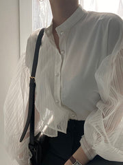 Asymmetric Buttoned See-Through Solid Color Split-Joint Long Sleeves Loose Stand Collar Blouses&shirts Tops