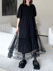 Gauze Pleated Solid Color Split-Joint Tiered Fake Two-Piece Loose Round-Neck Midi Dresses