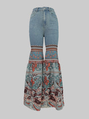Floral Printed High-Waisted Pockets Flared Pants Jean Pants Bottoms