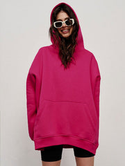 Pockets Solid Color Velvet Long Sleeves Loose Hooded Hoodies Tops