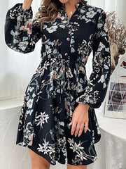 Buttoned Drawstring Elasticity Flower Print A-Line High Waisted V-Neck Mini Dresses