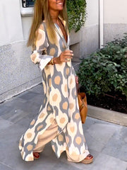 Long Sleeves Loose Printed V-Neck Maxi Dresses
