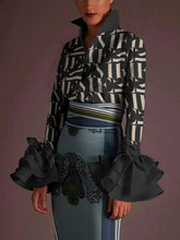 Buttoned Letter Print Flared Sleeves Long Sleeves Lapel Blouses&Shirts Tops