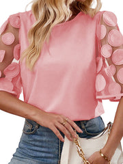 Hollow Mesh Polka-Dot Solid Color Split-Joint Half Sleeves Loose Round-Neck T-Shirts Tops