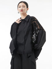 Urban See-Through Lace Split-Joint Lapel Blouse