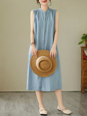 Buttoned Pleated Solid Color A-Line Sleeveless Round-Neck Midi Dresses