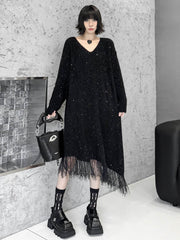 Contrast Color Sequined Shiny Split-Joint Tasseled Irregularity Long Sleeves V-Neck Sweater Dresses Midi Dresses