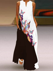 Contrast Color Pockets Printed Split-Joint A-Line Loose V-Neck Maxi Dresses