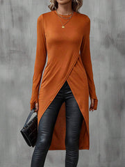 Solid Color Split-Joint High-Low Long Sleeves Round-Neck T-Shirts Tops