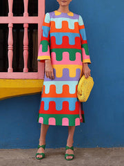 Long Sleeves Loose Printed Split-Side Round-Neck Midi Dresses