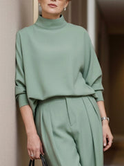 Solid Color Long Sleeves Loose High Neck Blouses&shirts Tops
