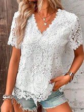 Embroidered Hollow Solid Color Split-Joint Loose Plus Size V-Neck T-Shirts Tops