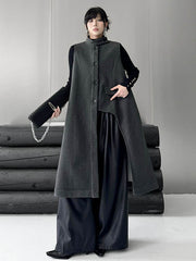Asymmetric Buttoned Solid Color Split-Joint High-Low Irregularity Stand Collar Padded Vest Outerwear