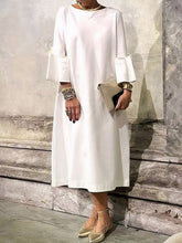 Solid Color Loose Three-quarter Sleeves Round-neck Midi Dresses