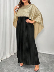 Contrast Color Pleated Shiny Split-Joint High-Low Loose Round-Neck Maxi Dresses