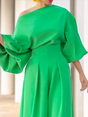 Long Sleeves Loose Solid Color One-Shoulder T-Shirt Tops&Pants Two Pieces Set