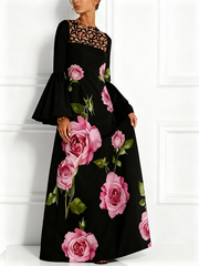 Flared Sleeves Long Sleeves Contrast Color Flower Print Hollow Split-Joint Round-Neck Maxi Dresses