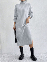 No Belt Solid Color Split-Side Long Sleeves Loose High Neck Midi Dresses