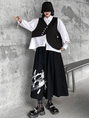 Original Loose Lace-Up Hollow Sleeve Blouse+Black Vest+Wide Leg Pants Culotte Three Pieces Set