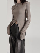 Solid Color Split-front Long Sleeves Skinny Round-neck T-Shirts Tops