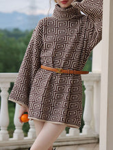 Jacquard Printed Flared Sleeves Long Sleeves High Neck Sweater Dresses Mini Dresses