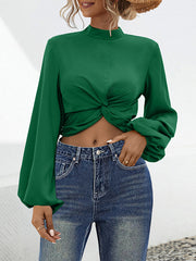 Elasticity Hollow Knot Pleated Ruffled Long Sleeves Puff Sleeves Mock Neck Blouses&Shirts Tops