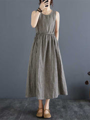 Drawstring Elasticity Plaid Pockets A-Line Loose Round-Neck Midi Dresses