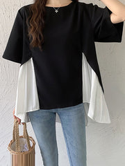Split-Joint Half Sleeves Irregularity Round-Neck T-Shirts Tops