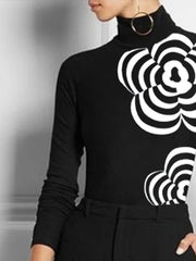 Long Sleeves Skinny Flower Print High Neck T-Shirts Tops