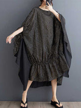 Elasticity Polka-Dot Split-Joint Batwing Sleeves Half Sleeves Round-Neck Midi Dresses