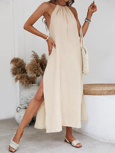 Backless Elasticity Pleated Solid Color Split-Side Tied High Waisted Loose Halter-Neck Midi Dresses