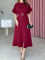 Loose Raglan Sleeve Pleated Split-Front Split-Joint Tied Waist Round-Neck Maxi Dresses