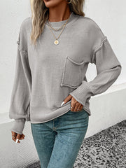 Pockets Solid Color Split-Joint Long Sleeves Loose Round-Neck Sweater Tops Pullovers