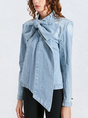 Bowknot Zipper Long Sleeves Loose Mock Neck Blouses&Shirts Tops