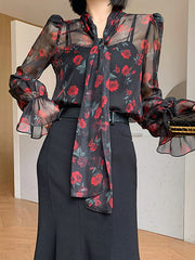 Elasticity Flower Print Mesh Tied Flared Sleeves Long Sleeves V-Neck Blouses&Shirts Tops