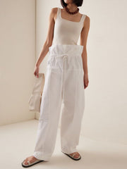 Drawstring Pockets Ruffled Solid Color Split-Joint Tied Waist High Waisted Loose Trousers Pants