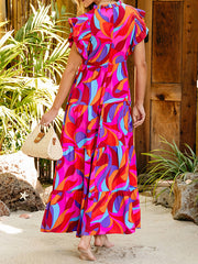 Pleated Printed Split-Joint A-Line High Waisted Round-Neck Maxi Dresses
